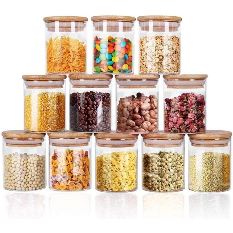 12 Glass Jars Set with Bamboo  - Food Storage Glass Containers Large recension och pris